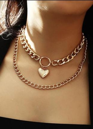 Ожерельяе колье чокер цепочка многослойная золотистая с подвеской сердце цепочка