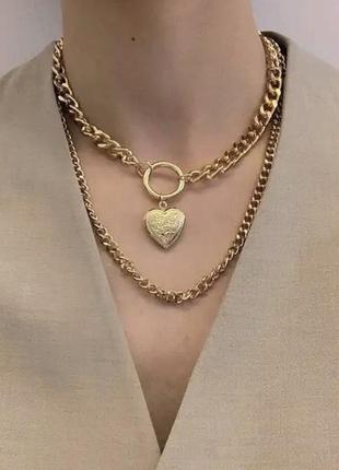 Ожерелье кольє чокер ланцюжка багатошарова золотиста з підвіскою серце ланцюжок3 фото