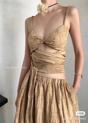 Костюм в стиле jil sander коттон лен топ с завязками юбка беж 3