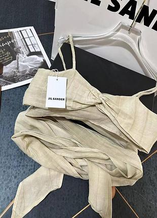 Костюм в стиле jil sander коттон лен топ с завязками юбка беж 6