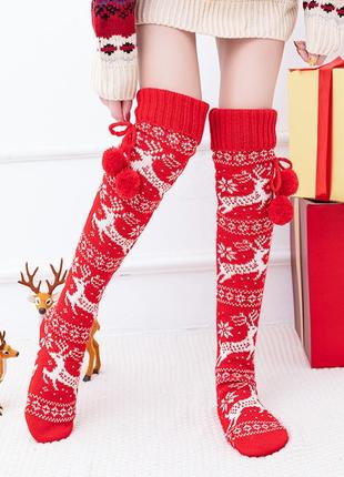 Гольфы новогодние вязаные с помпонами красные 1497
