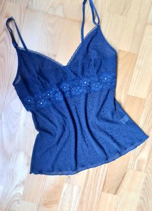 Базовая маечка в бельевом стиле синяя майка с тигровым принтом пеньюар