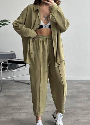 Женский костюм из жатки, трендовый костюм рубашка и штаны, повседневный легкий костюм разных цветов ezymart