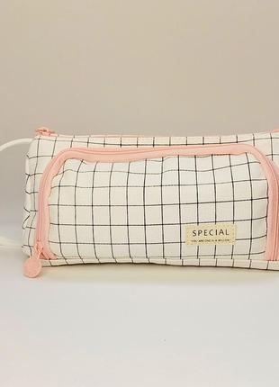 Пенал школьный студенческий комод 2 отделения в клеточку треугольный