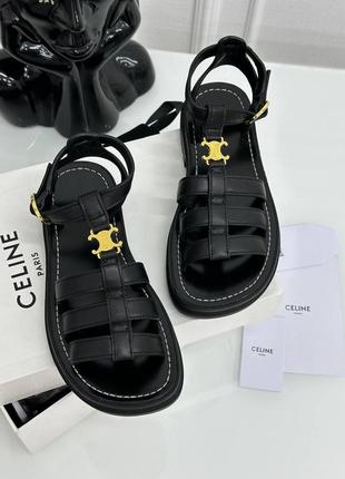 Кожаные босоножки сандалии в стиле celine черные кожа коза