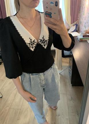 Блуза рубашка кроп топ кофта asos черная с воротничком вышитым zara mango reserved