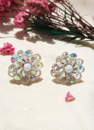 West germany 50-ые, винтажные серьги на винтах, молочное стекло, aurora borealis, винтаж, наборные