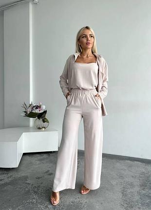 Трендовый брючный костюм-тройка жатка / майка рубашка и брюки