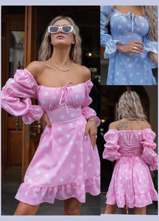 Сукня лялькова бебі дол baby doll коротка міні з рукавами ліхтариками на резинці приталена корсетна зі шнурівкою селянка рожева блакитна у сердечко