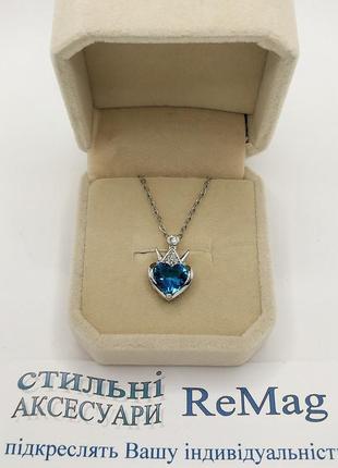 Кулон с цирконами "лазурное сердце с серебряной короной" на цепочке подарок девушке в бархатной коробочке8 фото