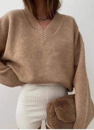 Шерстяной оверсайз свитер с v-образным воротником, альпака, шерсть zara2 фото