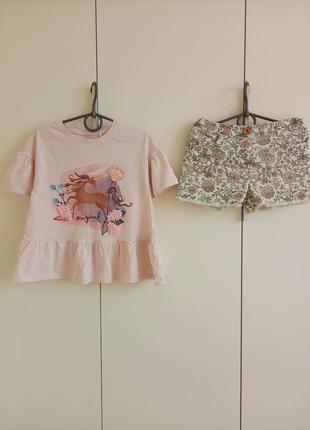 Летний костюм для девочки 6-7 лет 122 : модная футболка next некст и джинсовые шорты