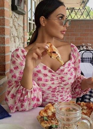 Хлопкова блуза сорочка блузка нова колекція в квітковий принт на плечі zara блуза