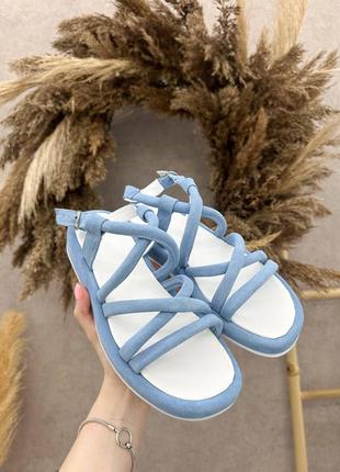 Жіночі стильні, легкі блакитні замшеві босоніжки з натуральної замші топ продажів