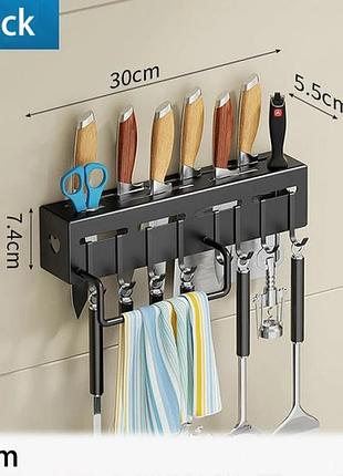 Настенная металлическая кухонная полка-органайзер, подставка / держатель для хранения с крючками, 30 см