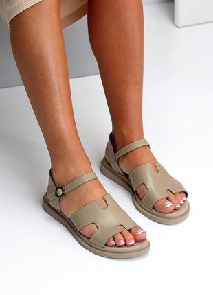 Шкіряні бежеві жіночі босоніжки, сандалі натуральна шкіра на пласкій підошві колір моко6 фото