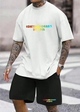 Зручний чоловічий літній спортивний костюм-двійка з яскравими написами