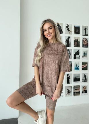 Костюм с шортами женский легкий повседневный на лето летний черный синий зеленый хаки серый коричневый шорты велосипедки футболка базовая варенка