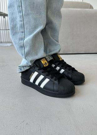 Жіночі шкіряні кросівки adidas superstar black white адідас суперстар чорні
