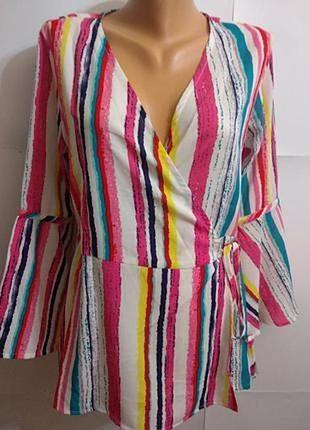 Новая блуза в полоску на запах рукав волан #389#