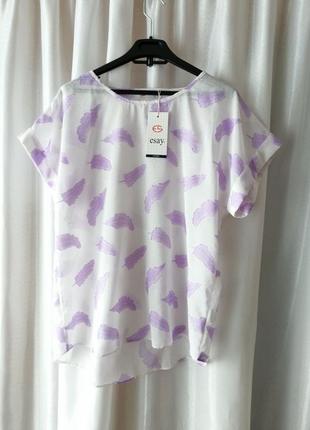 Легка невагома футболка блуза напівпрозора з бузковим пір'ям виробник туреччина розмір на бирці вказ1 фото
