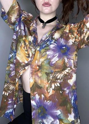 Рубашка шифоновая короткий рукав с красивым акварельный цветочным принтом