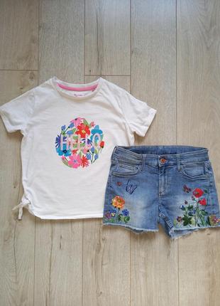 Набор летний костюм для девочки 9-10 лет : джинсовые шорты h&m и белая футболка