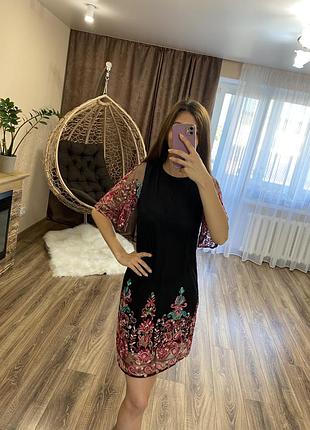 Платье платье вышитое вышиванка черная с розовым