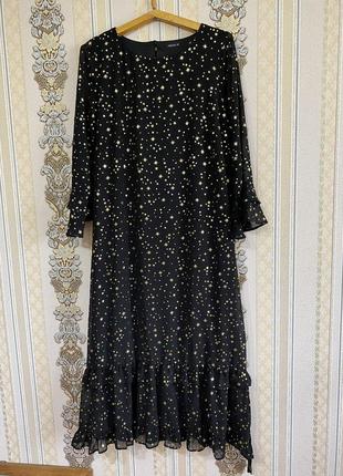 Стильна нарядна літня сукня, довге чорне з золотим плаття з поясом2 фото