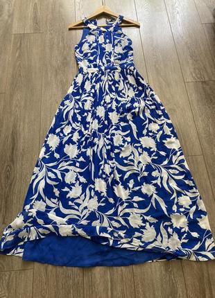 Oasis 6/32 xxs/xs/s романтична святкова вечірня максі зі спідницею плісе  синя в білий рослинний квітковий принт сукня2 фото