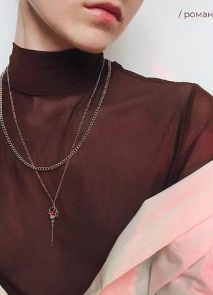 Цепочка с розой винтаж красный камень многослойный колье цветок готическое лолета сумерки...