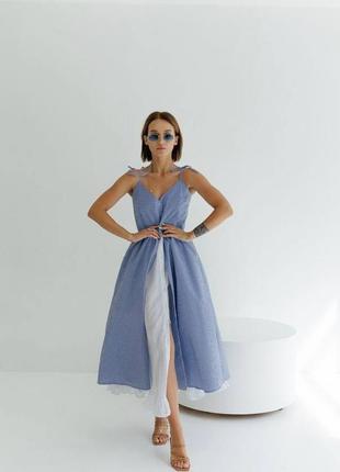 20799 katrina сукня довга сарафан на завязках синя з білим підкладом бавовна і батист