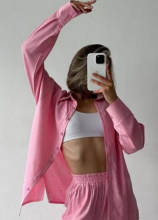 Лляний костюм сорочка вільного крою з довгими рукавами рубашка брюки палаццо штани на високій посадці комплект чорний бежевий рожевий сірий білий