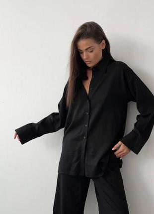 Лляний костюм сорочка вільного крою з довгими рукавами рубашка брюки палаццо штани на високій посадці комплект чорний бежевий рожевий сірий білий