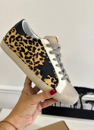 Кеды женские кожаные леопардовые брендовые в стиле golden goose черной звездой