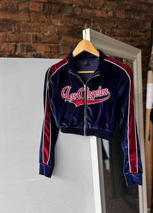 Shein women's full zip los angeles velour blue red cropped top женский, велюровый кроп-топ с замком