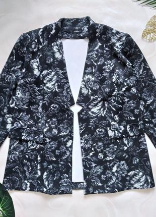 Шикарный пиджак блейзер удлиненный трикотажный жакет без подкладки и застежки цветочный принт