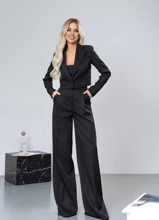 Классический костюм прямой длинный пиджак прямые брюки брюки женский широкие кант высокая посадка зауженные укороченные на подкладке5 фото