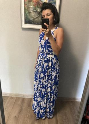 Oasis 6/32 xxs/xs/s романтична святкова вечірня максі зі спідницею плісе  синя в білий рослинний квітковий принт сукня