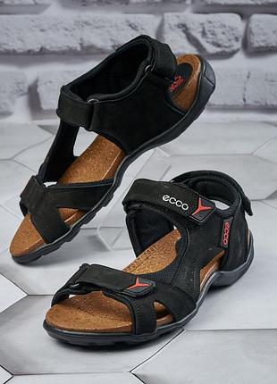 Чоловічі сандалії на липучках з натуральної шкіри нубук чорні, мужские кожаные сандалии в стиле ecco