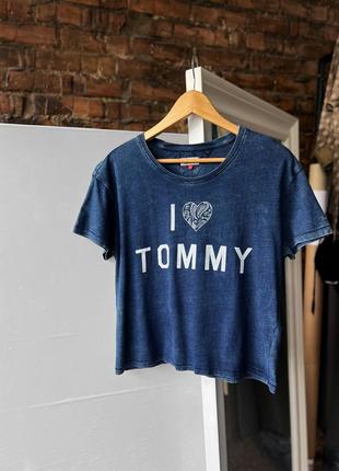 I love FM0FM04202 hilfiger denim women's blue short sleeve crew neck t-shirt женская футболка с принтом