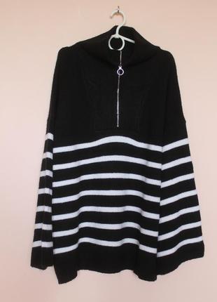 Чорний в білу смужку теплий светр під горло, тепла в"язана кофта, джемпер батал 56-60 р.1 фото