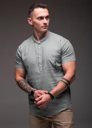 Сорочка лляна чоловіча з кишенею сіра короткий рукав