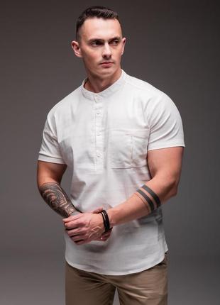 Сорочка лляна чоловіча з кишенею біла короткий рукав