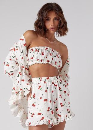 Жіночий літний костюм трійка з вишнями 🍒