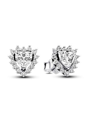 Серебряные серьги сережки пандора pandora 293097c01 сияющее сердце с ореолом сердечко с камнями серебро проба s925 ale новое с биркой и пломбой6 фото