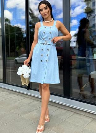 Сарафан льняной женский с поясом на пуговицах с широкими бретелями длина до колена прямой а силуэта черный голубой малина синий электрик лен платье