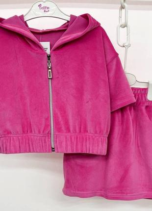 Літній костюм для дівчинки велюр, джемпер топ і спідничка юбка4 фото