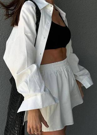 Костюм женский летний льняной рубашка с длинным рукавом свободные на резинке шорты белый