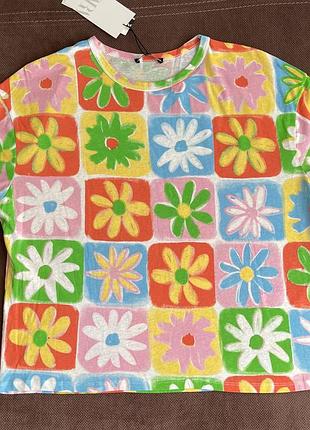 Футболка zara зара з квітами в квітковий принт тонка літня оверсайз oversize
